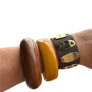 Boho Bracelet Stack Set Wood Bangle Mustard Resin Black Leather Gold Stud Cuff